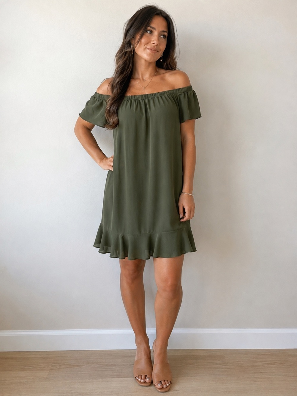 Express XS Olive Green Off Shoulder Mini Dress Ruffle Hem Short Sleeve Flowy